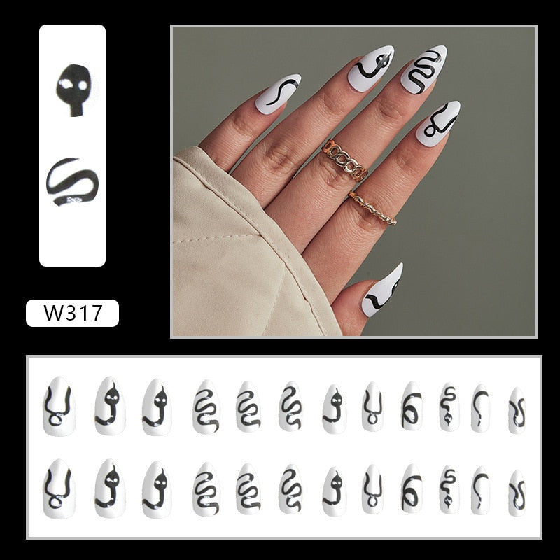 2024 New Cute Cat Printed Fake Nails Almond Head Full Cover Press on FIngernails Cartton Pink Acrylic Nail Art Tips for Girls