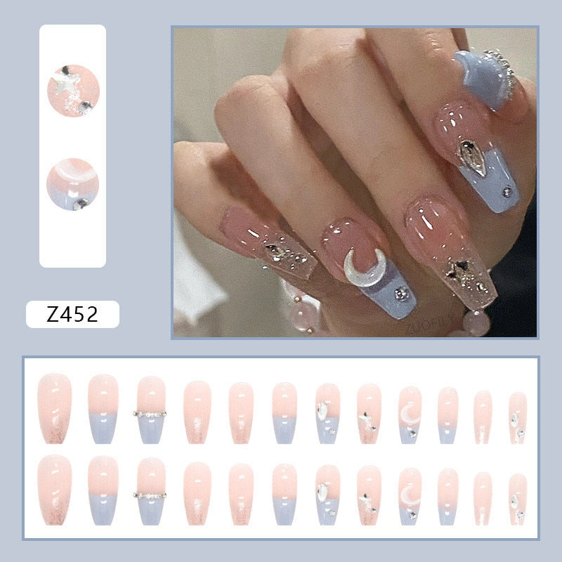 24Pcs Detachable False Nails Rhinestones Blue Wearable Fake Nails Full Cover Nail Tips Fake Nail with Moon Design Press on Nails