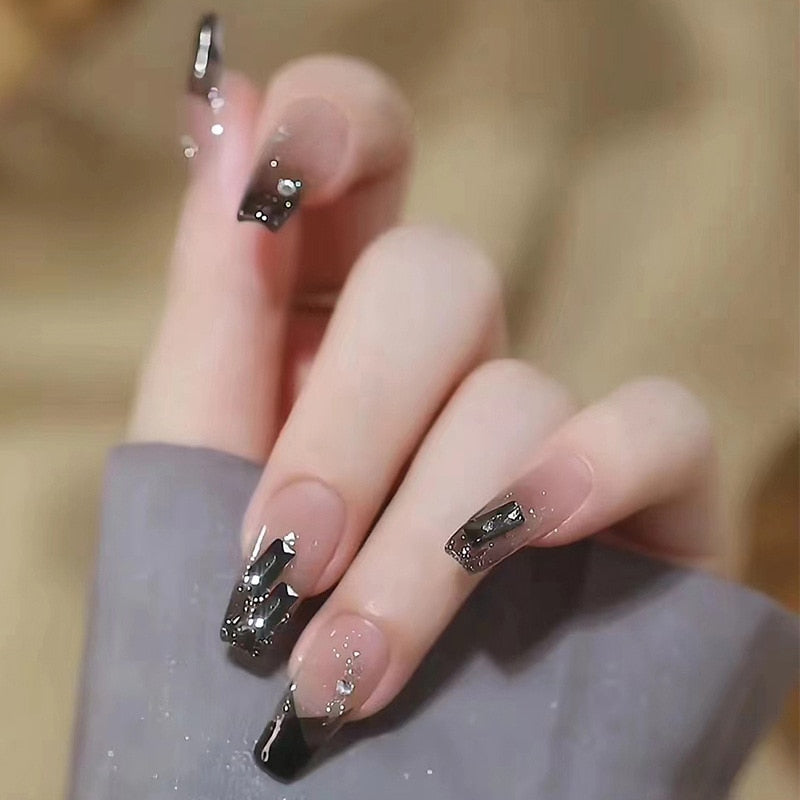 24Pcs Long Coffin Square False Nails Ballet Fake Nails Press on Nails Black Heart Rhinestone Design Glitter Full Cover Nail Tips
