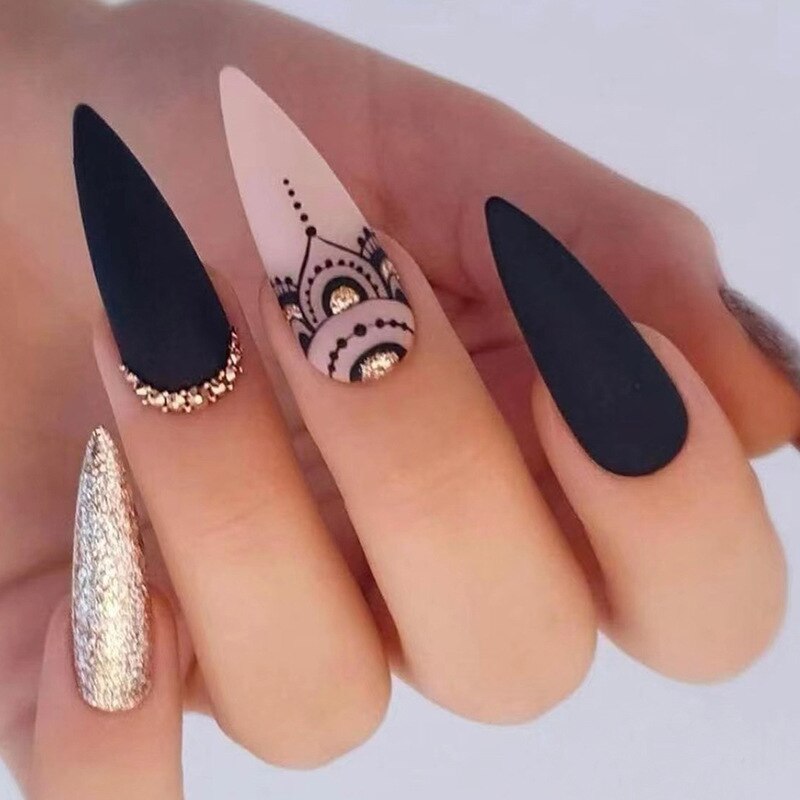 24Pcs Short Almond French False Nails Full Cover Artificial Fake Nails Press on Nails Tips Reusable Adhesive False Nails