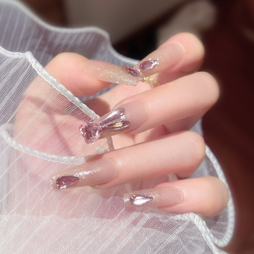 24Pcs Three-dimensional Love Heart False Nails with French Design Long Coffin Wearable Fake Nails Rhinestone Press on Nails Tips
