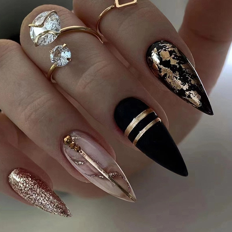 24pc detachable long Stiletto fake nails with Glitter designs french false nails with glue artificial press on nails almond long
