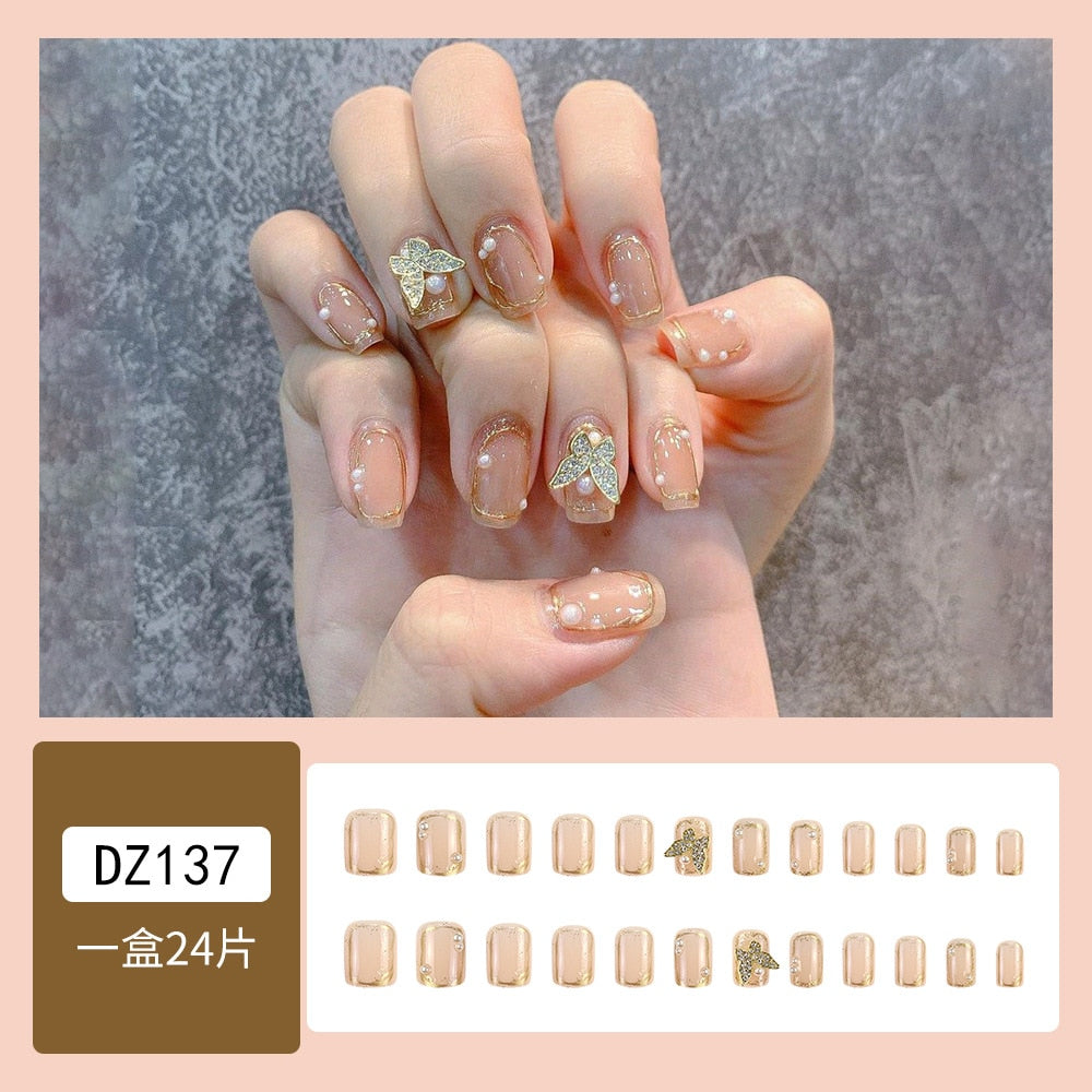 24pcs 2024 Ballet False Nail Full Cover Fake Nail Butterfly Love Nails Tip French Coffin Nails Press on Nails