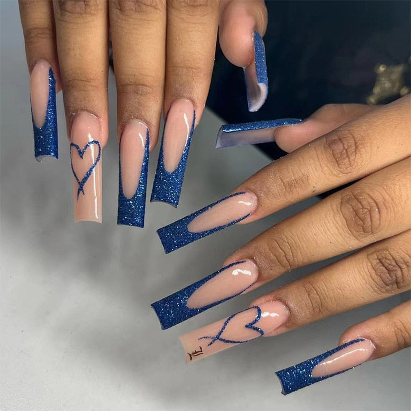 24pcs Detachable XL Ballerina flower artificial nails with designs Full Cover French fake nails set press on diamond false nails