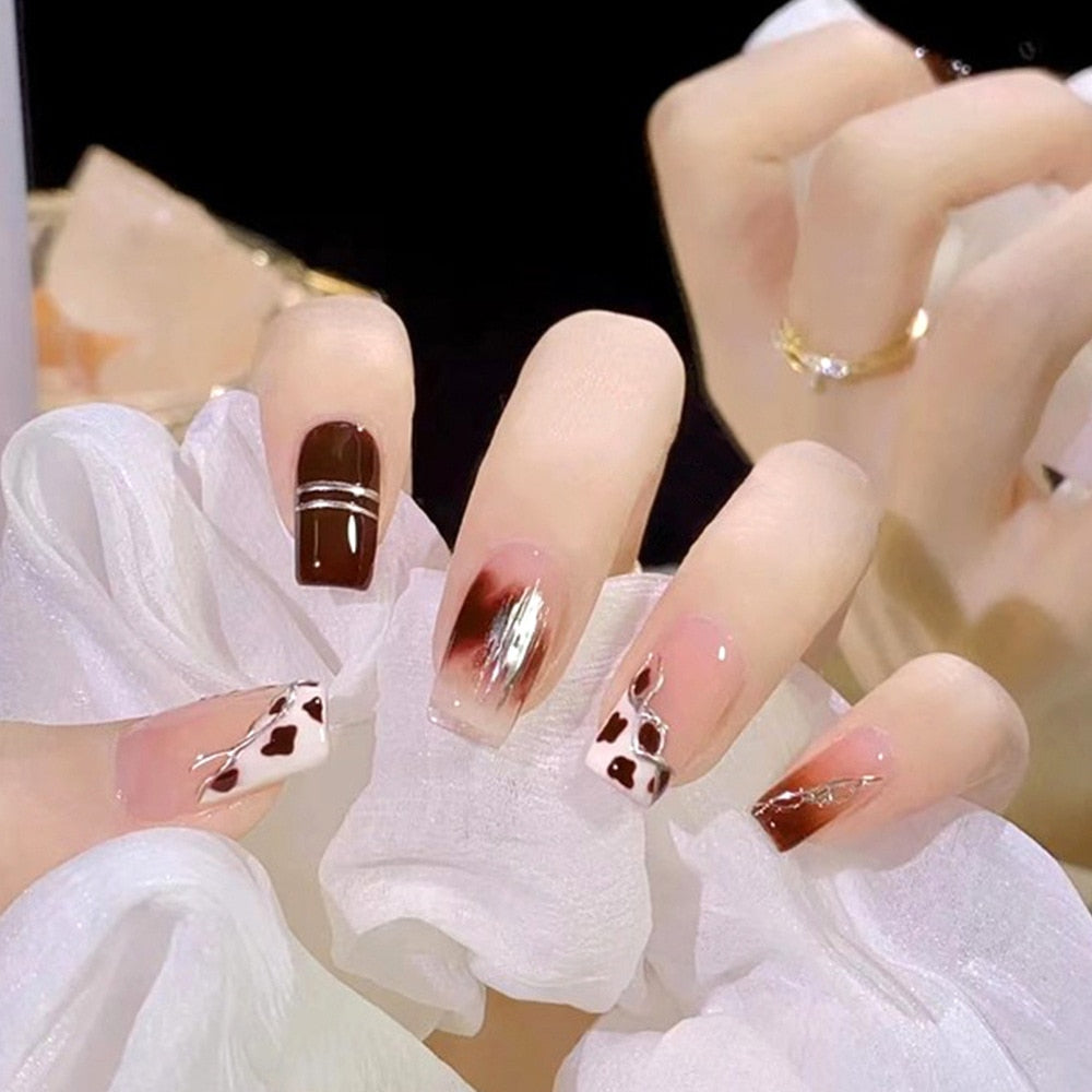 24pcs False Nail French Gold Coffee Color Coffin Fake Nail Patch Wearable Full Cover Nails for Girl Press on Nail Tips Wholesale