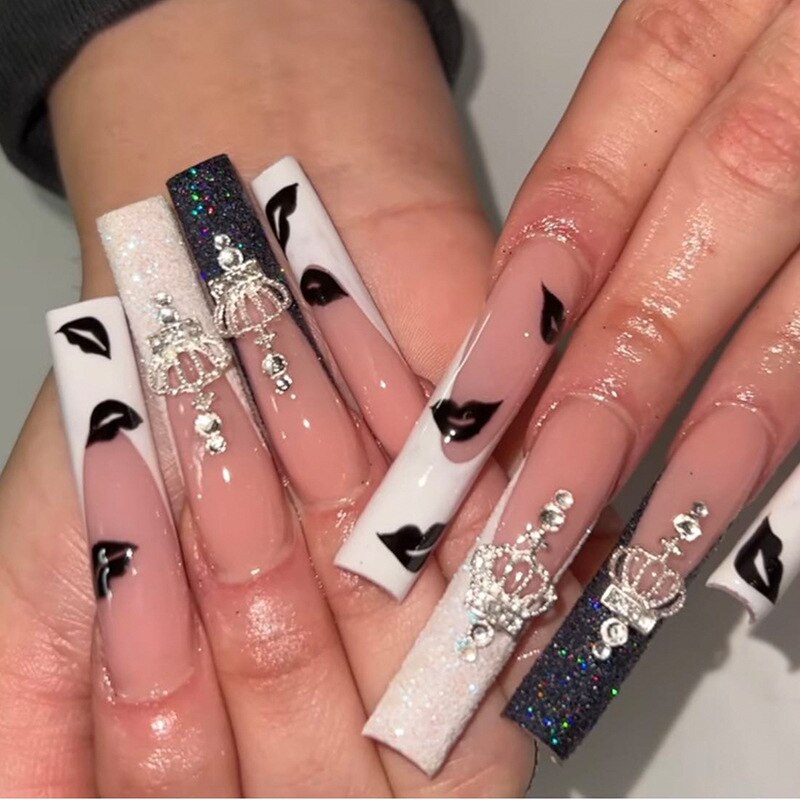 24pcs Kawaii Press on Nails y2k False Nails Set Rhinestone Acrylic Artificial Nails with Design Reusable french Long Fake Tips