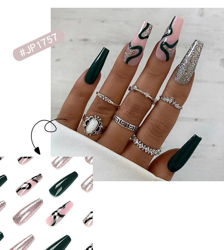 24pcs Long Ballet False Nail Full Cover Fake Nail Grey White Marble Design Nails Tip French Coffin Nails Press On Nails