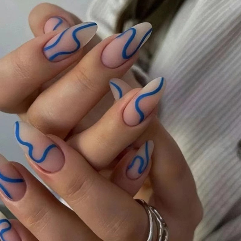 24pcs false nails with almond head French artificial nails with glue Long Paragraph Manicure full cover Stiletto press on nails