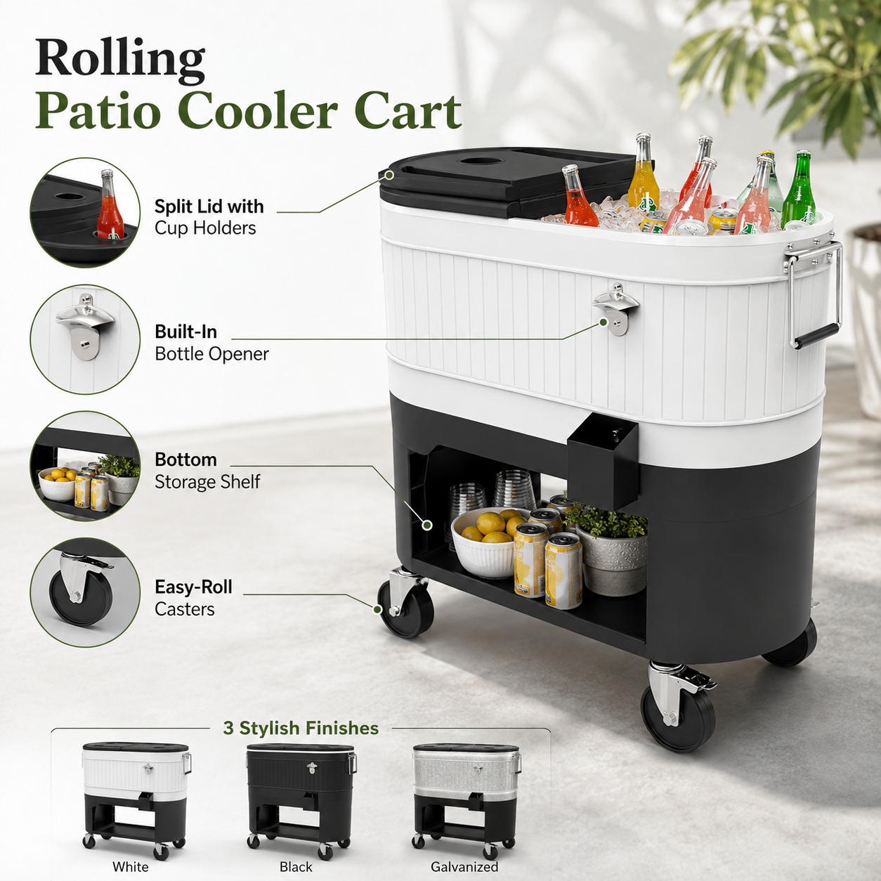 Large-Capacity Rolling Patio Cooler Cart with Split Lid, Cup Holders & Storage Shelf