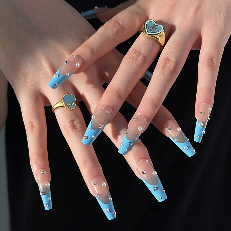 Glossy Pink Wearable Nail Art Blue Rhinestone Extra Long Ballet Detachable Finished False Nails Press on Nails with Glue