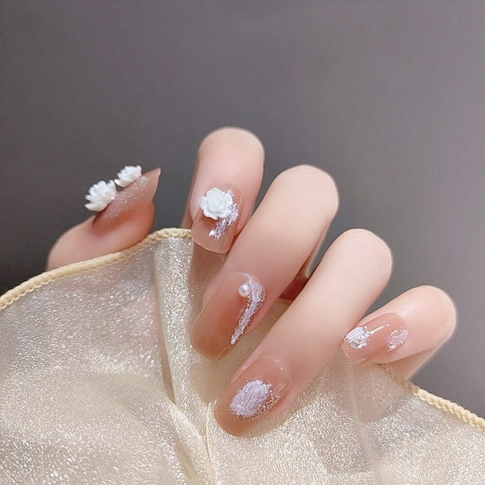 24pcs False Nails Floral Beads Decorated Artificial Nail Tips Bride Reusable Fingernails Fake Nail Press On Nail накладные ногти