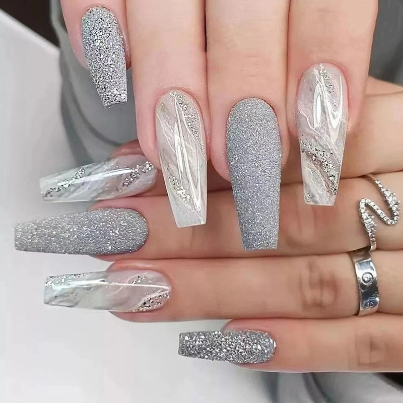 1Kit Gradient Ramp Purple Nail Tips Long Square Ballerina Luxury Nail Decoration With Rhinestones Home DIY Press On Coffin Nails