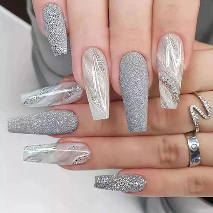 1Kit Gradient Ramp Purple Nail Tips Long Square Ballerina Luxury Nail Decoration With Rhinestones Home DIY Press On Coffin Nails
