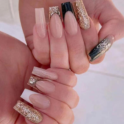 1Kit Gradient Ramp Purple Nail Tips Long Square Ballerina Luxury Nail Decoration With Rhinestones Home DIY Press On Coffin Nails