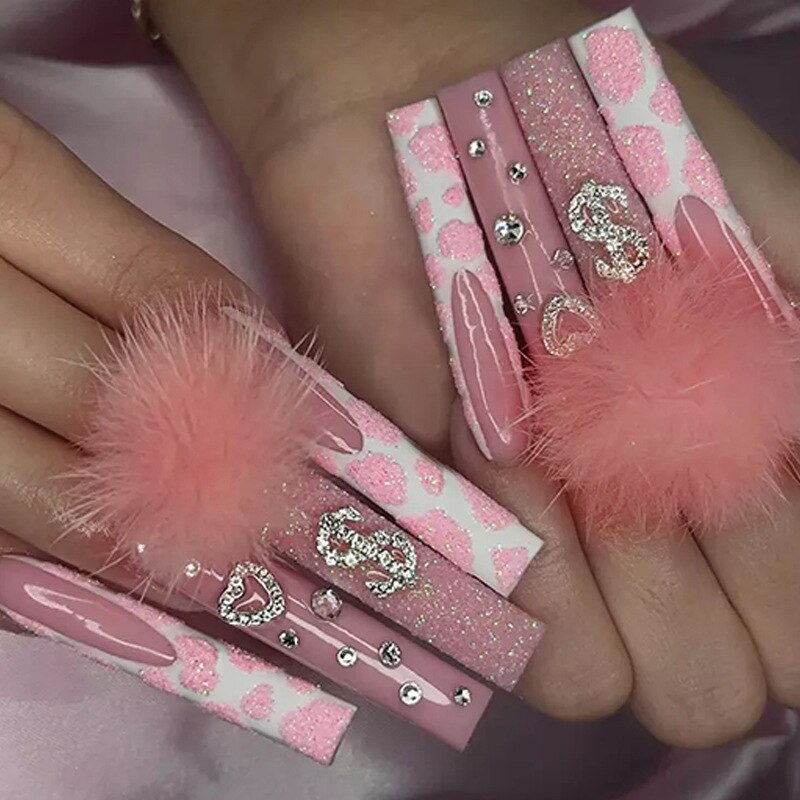 1Kit Gradient Ramp Purple Nail Tips Long Square Ballerina Luxury Nail Decoration With Rhinestones Home DIY Press On Coffin Nails