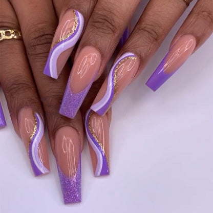 1Kit Gradient Ramp Purple Nail Tips Long Square Ballerina Luxury Nail Decoration With Rhinestones Home DIY Press On Coffin Nails