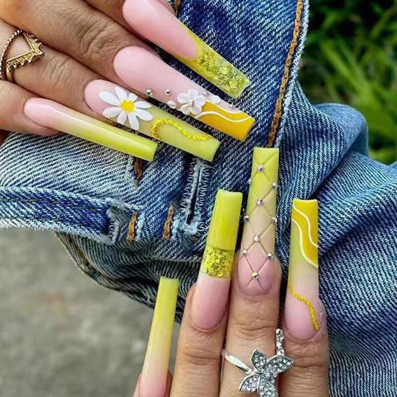 1Kit Gradient Ramp Purple Nail Tips Long Square Ballerina Luxury Nail Decoration With Rhinestones Home DIY Press On Coffin Nails