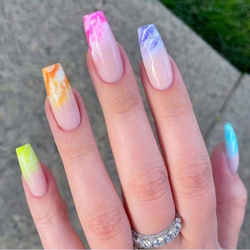1Kit Gradient Ramp Purple Nail Tips Long Square Ballerina Luxury Nail Decoration With Rhinestones Home DIY Press On Coffin Nails