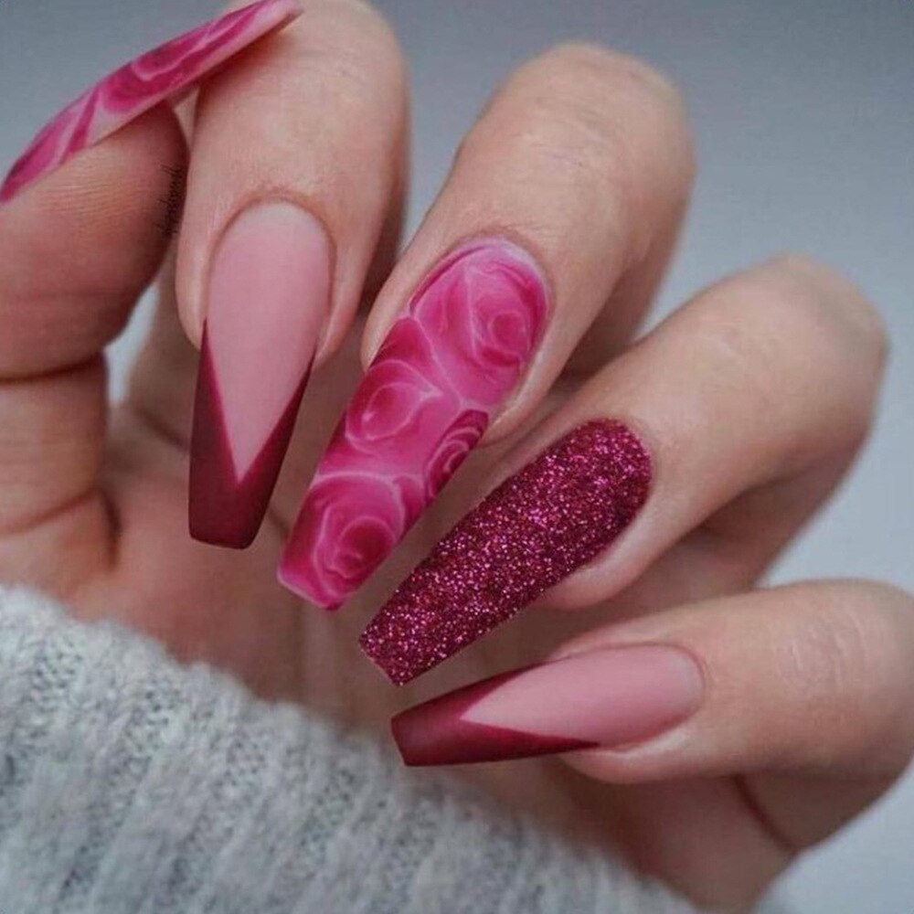 1Kit Gradient Ramp Purple Nail Tips Long Square Ballerina Luxury Nail Decoration With Rhinestones Home DIY Press On Coffin Nails