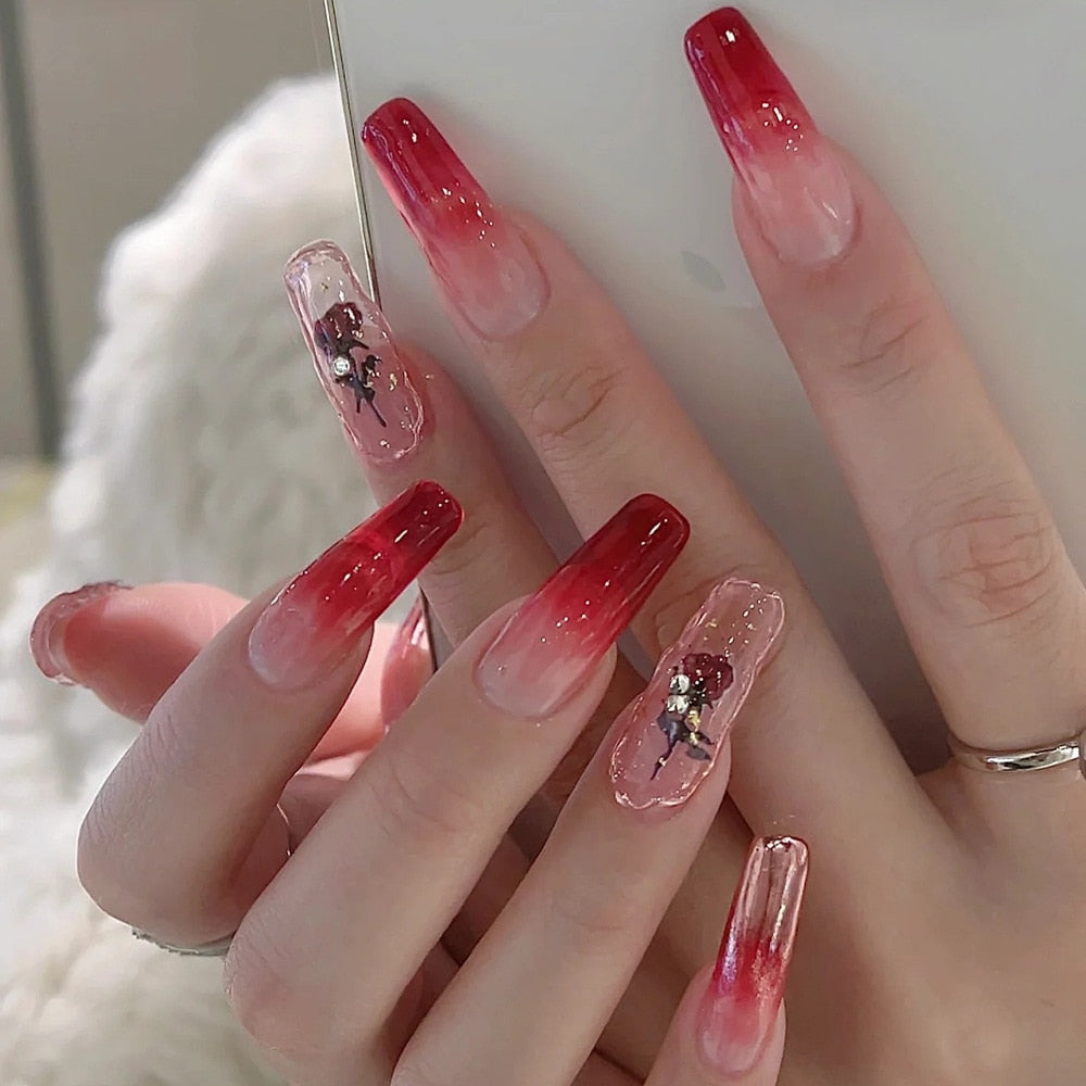 2024 Gradient Fake Nails Press on Nail Diamond Cross Art Long Tips False Forms with Glue Stick Stickers Reusable Set