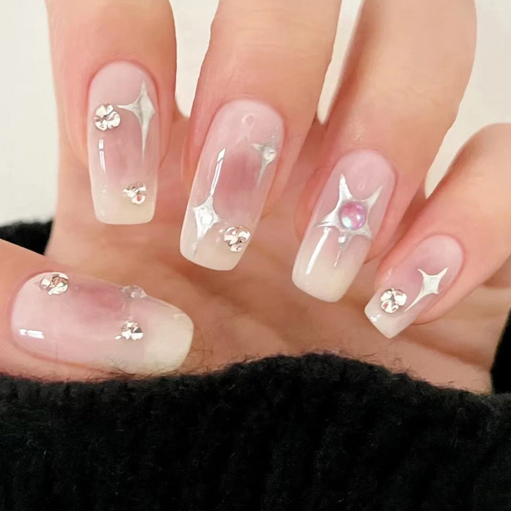 2024 Gradient Fake Nails Press on Nail Diamond Cross Art Long Tips False Forms with Glue Stick Stickers Reusable Set