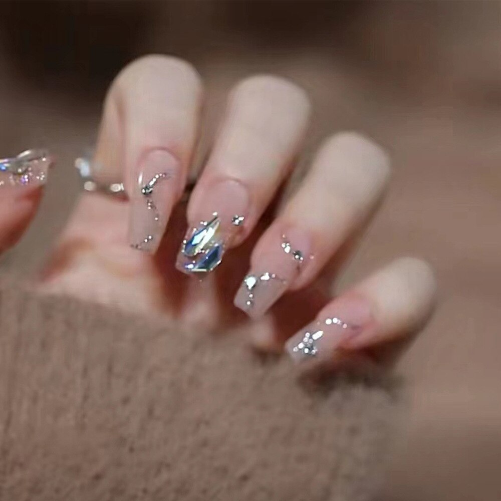 2024 Gradient Fake Nails Press on Nail Diamond Cross Art Long Tips False Forms with Glue Stick Stickers Reusable Set