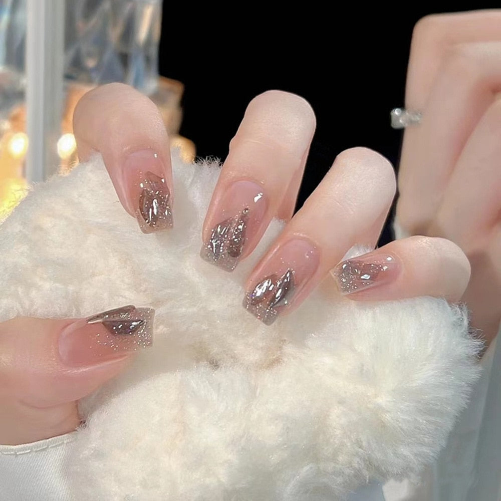 2024 Gradient Fake Nails Press on Nail Diamond Cross Art Long Tips False Forms with Glue Stick Stickers Reusable Set