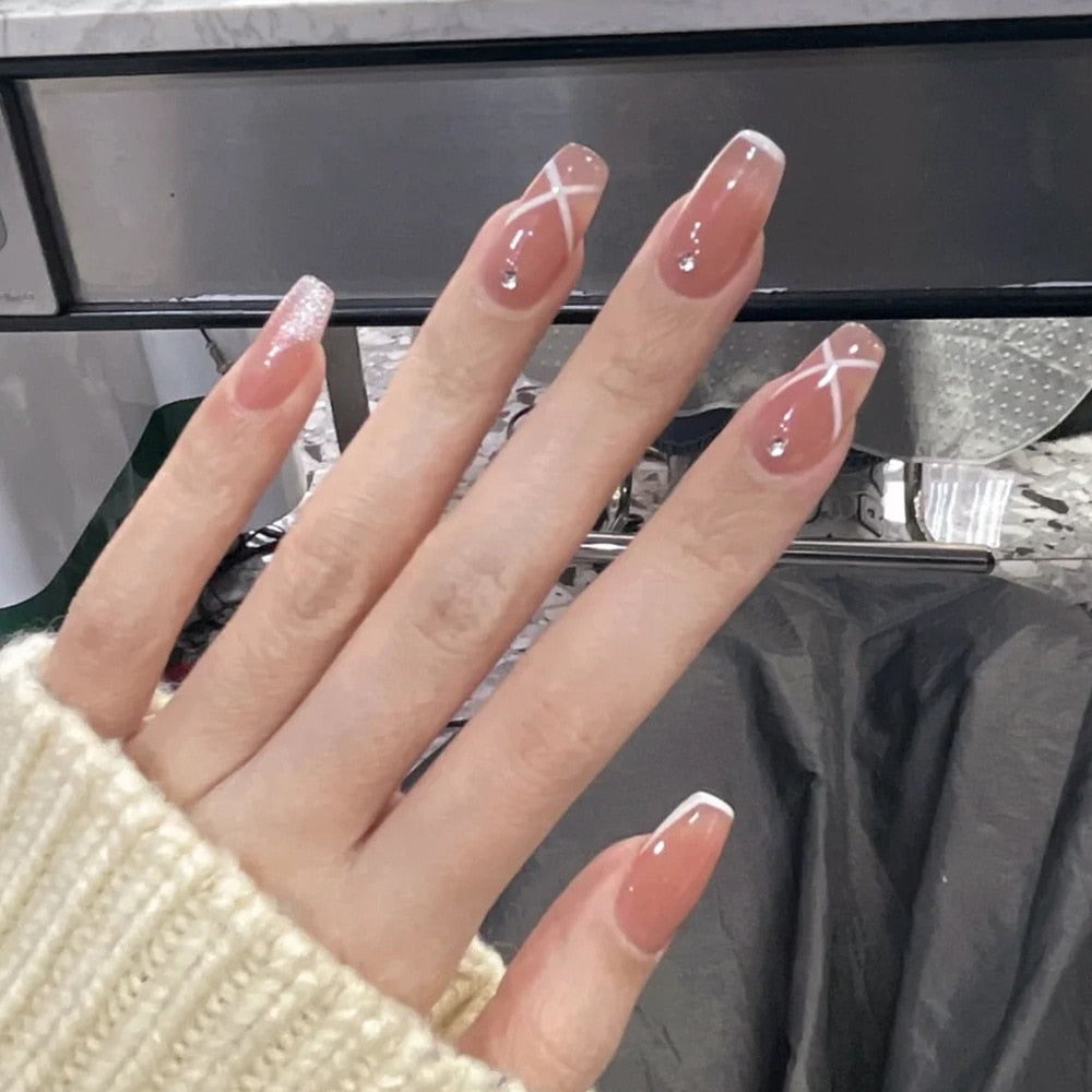 2024 Gradient Fake Nails Press on Nail Diamond Cross Art Long Tips False Forms with Glue Stick Stickers Reusable Set