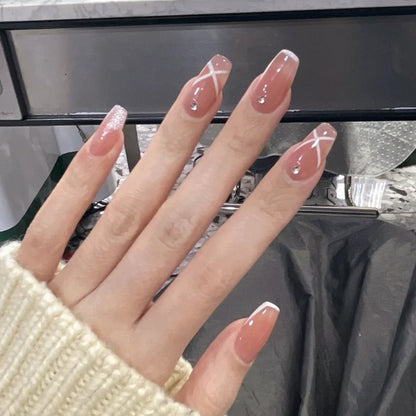 2024 Gradient Fake Nails Press on Nail Diamond Cross Art Long Tips False Forms with Glue Stick Stickers Reusable Set