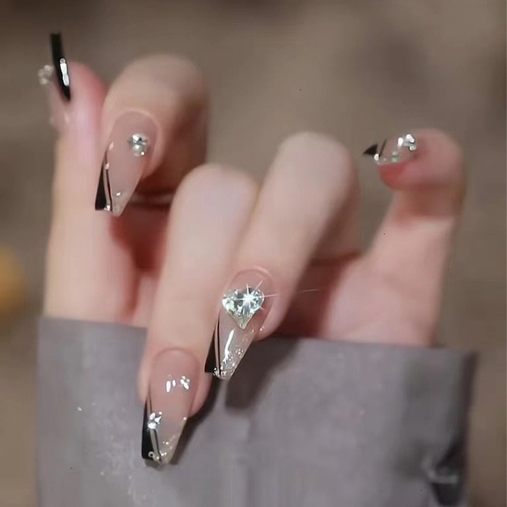 2024 Gradient Fake Nails Press on Nail Diamond Cross Art Long Tips False Forms with Glue Stick Stickers Reusable Set
