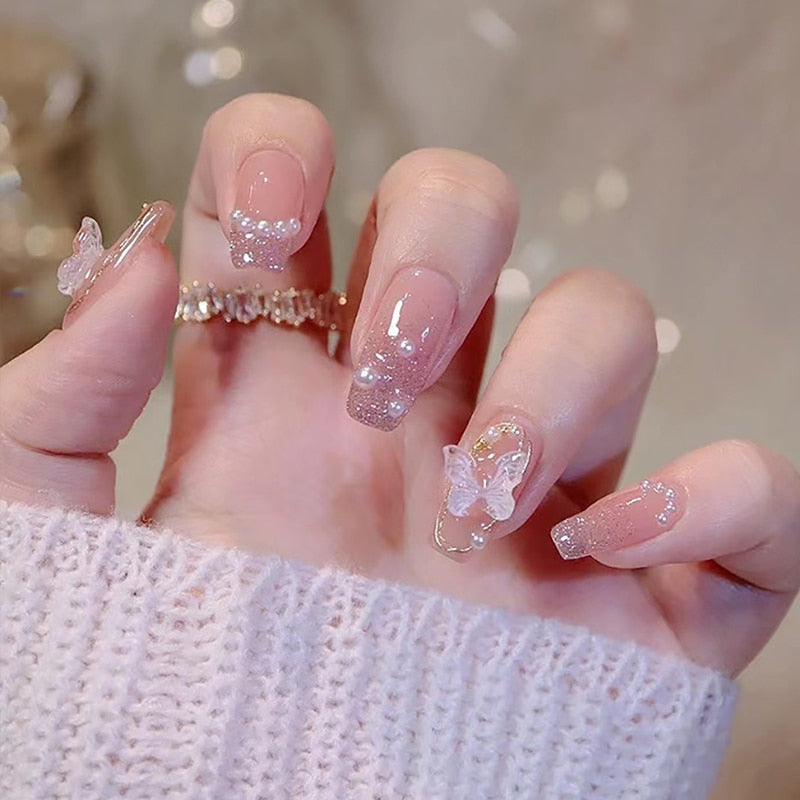 2024 Gradient Fake Nails Press on Nail Diamond Cross Art Long Tips False Forms with Glue Stick Stickers Reusable Set