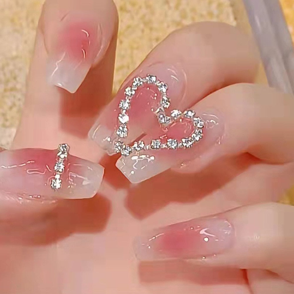2024 Gradient Fake Nails Press on Nail Diamond Cross Art Long Tips False Forms with Glue Stick Stickers Reusable Set