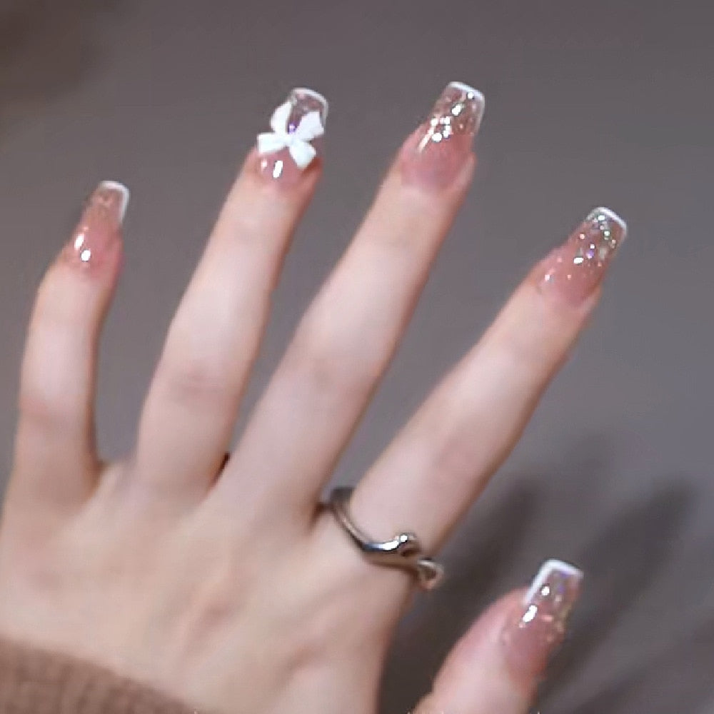 2024 Gradient Fake Nails Press on Nail Diamond Cross Art Long Tips False Forms with Glue Stick Stickers Reusable Set