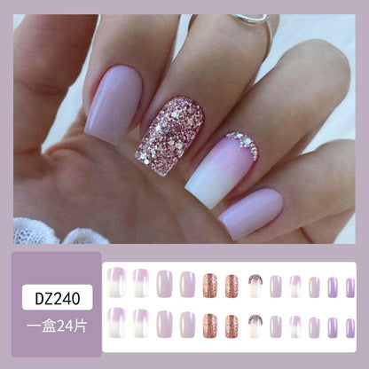 2024 Gradient Fake Nails Press on Nail Diamond Cross Art Long Tips False Forms with Glue Stick Stickers Reusable Set