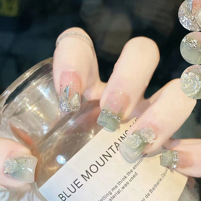 2024 Gradient Fake Nails Press on Nail Diamond Cross Art Long Tips False Forms with Glue Stick Stickers Reusable Set