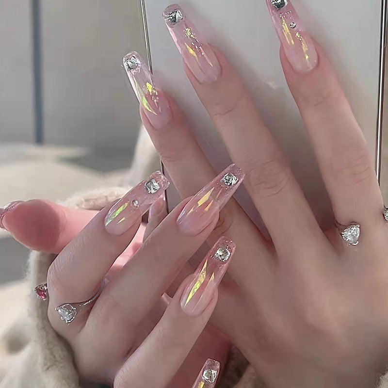 2024 Gradient Fake Nails Press on Nail Diamond Cross Art Long Tips False Forms with Glue Stick Stickers Reusable Set