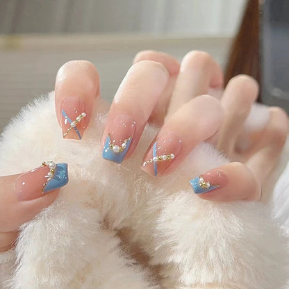 2024 Gradient Fake Nails Press on Nail Diamond Cross Art Long Tips False Forms with Glue Stick Stickers Reusable Set