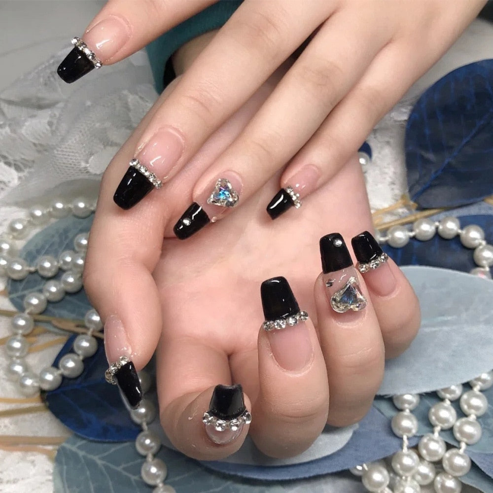 2024 Gradient Fake Nails Press on Nail Diamond Cross Art Long Tips False Forms with Glue Stick Stickers Reusable Set