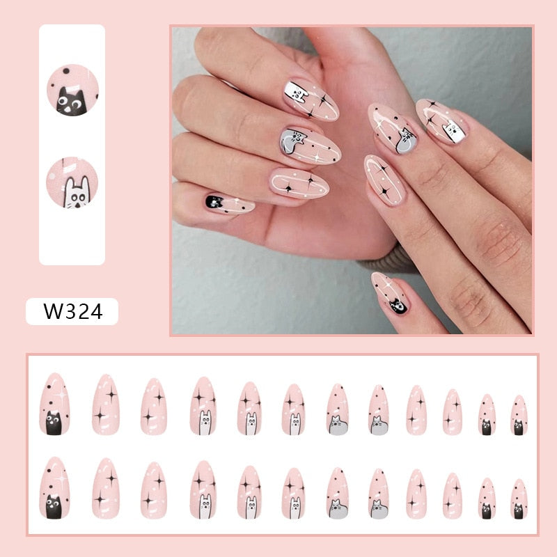 2024 New Cute Cat Printed Fake Nails Almond Head Full Cover Press on FIngernails Cartton Pink Acrylic Nail Art Tips for Girls