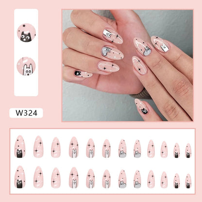 2024 New Cute Cat Printed Fake Nails Almond Head Full Cover Press on FIngernails Cartton Pink Acrylic Nail Art Tips for Girls