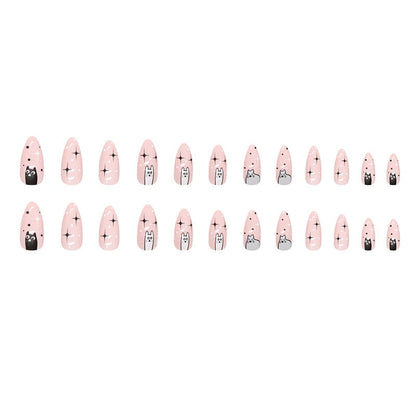 2024 New Cute Cat Printed Fake Nails Almond Head Full Cover Press on FIngernails Cartton Pink Acrylic Nail Art Tips for Girls