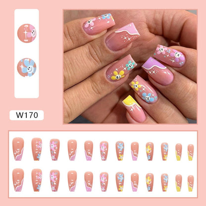 24P Removable Ballerina Press On Nail Art Long Round Head Fake Nails Full Cover Artificial Wearing Reusable False Nails Finished