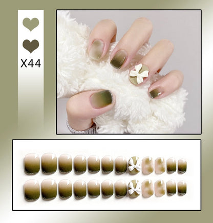 24PCS/Box Bowknot Rabbit Pattern Pearl Short Square Designer Fashion Design French Style Full Covering Pressed Fake Nails
