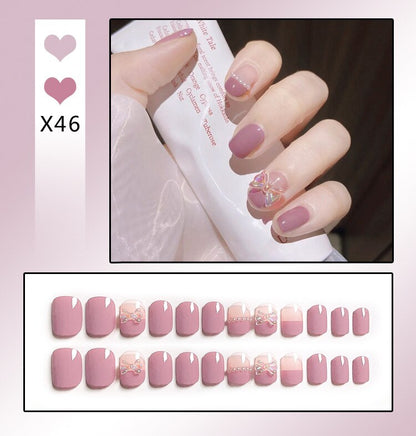 24PCS/Box Bowknot Rabbit Pattern Pearl Short Square Designer Fashion Design French Style Full Covering Pressed Fake Nails