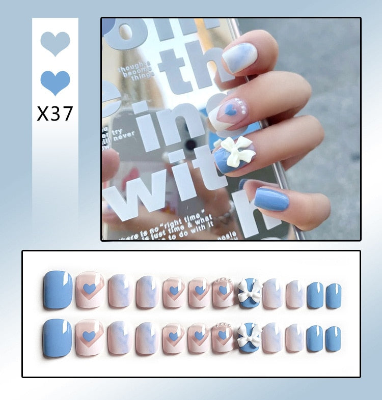 24PCS/Box Bowknot Rabbit Pattern Pearl Short Square Designer Fashion Design French Style Full Covering Pressed Fake Nails