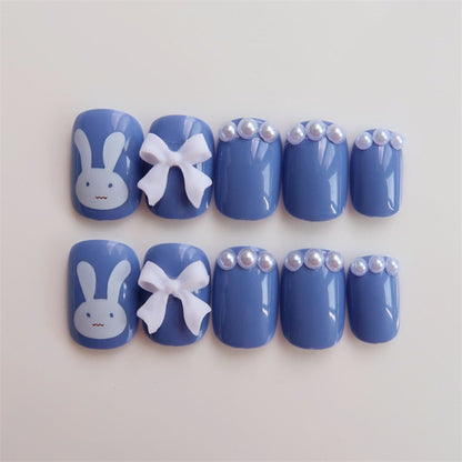 24PCS/Box Bowknot Rabbit Pattern Pearl Short Square Designer Fashion Design French Style Full Covering Pressed Fake Nails