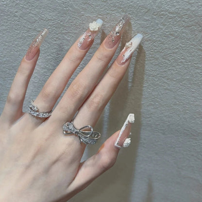 24PCS Glitter Press On Nails Korean Style Heart Rhinestone Design Coffin Fake Nails Full Cover Acrylic Nails Tips for girls Gift