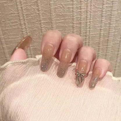 24PCS Glitter Press On Nails Korean Style Heart Rhinestone Design Coffin Fake Nails Full Cover Acrylic Nails Tips for girls Gift
