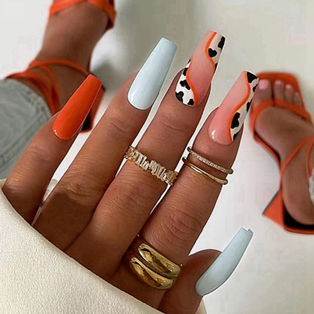 24Pc Detachable Long Coffin Fake Nail Pink White Wave Lines False Nails French Ballerina Artificial Full Cover Press On Nail Tip