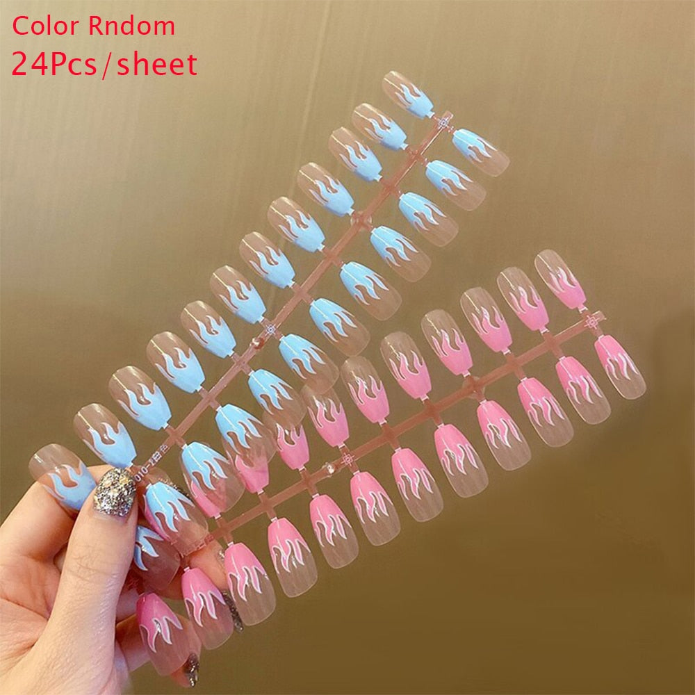 24Pc Detachable Long Coffin Fake Nail Pink White Wave Lines False Nails French Ballerina Artificial Full Cover Press On Nail Tip